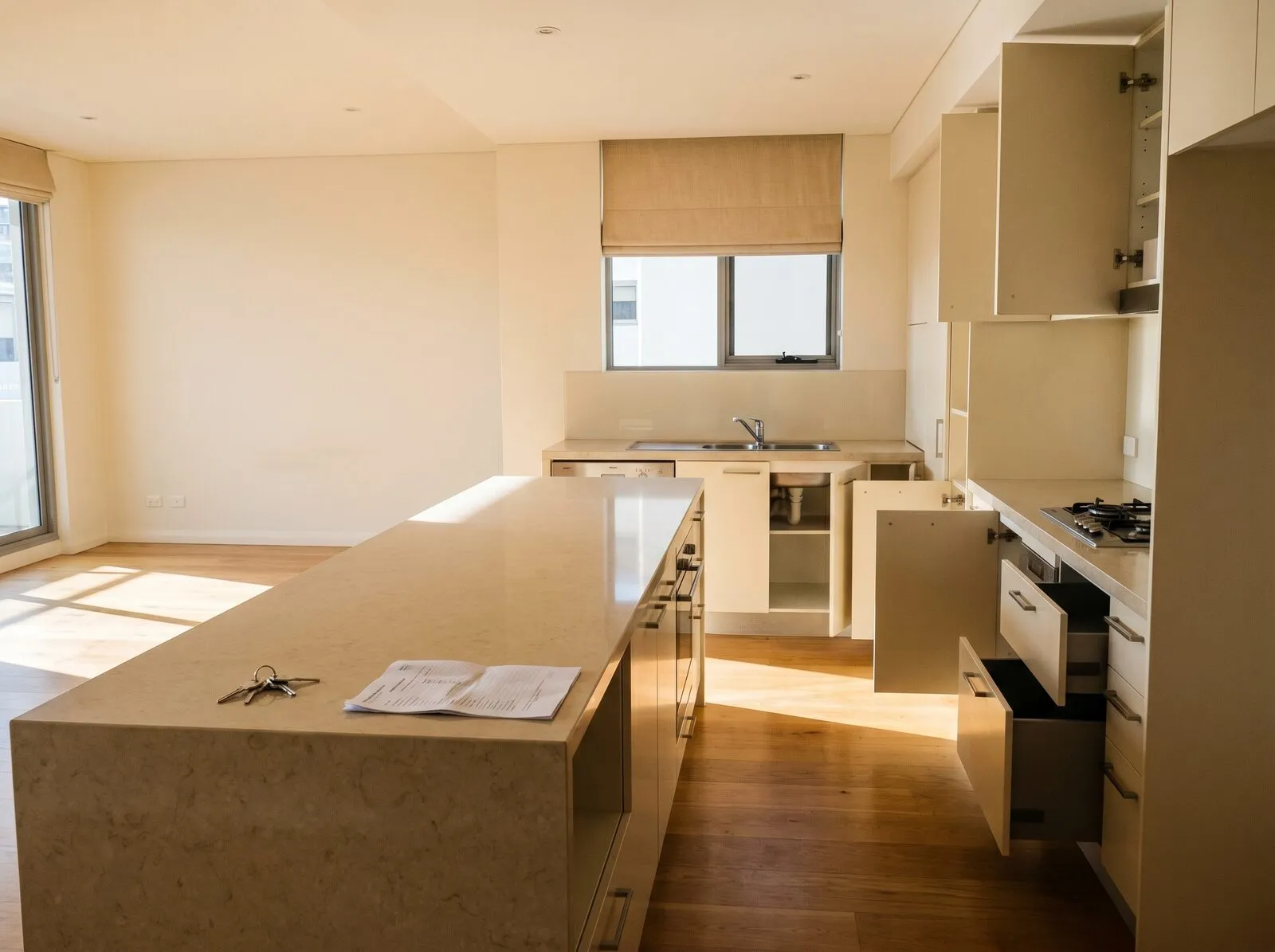 An empty, cleaned apartment kitchen with keys and an inspection sheet left on the bench