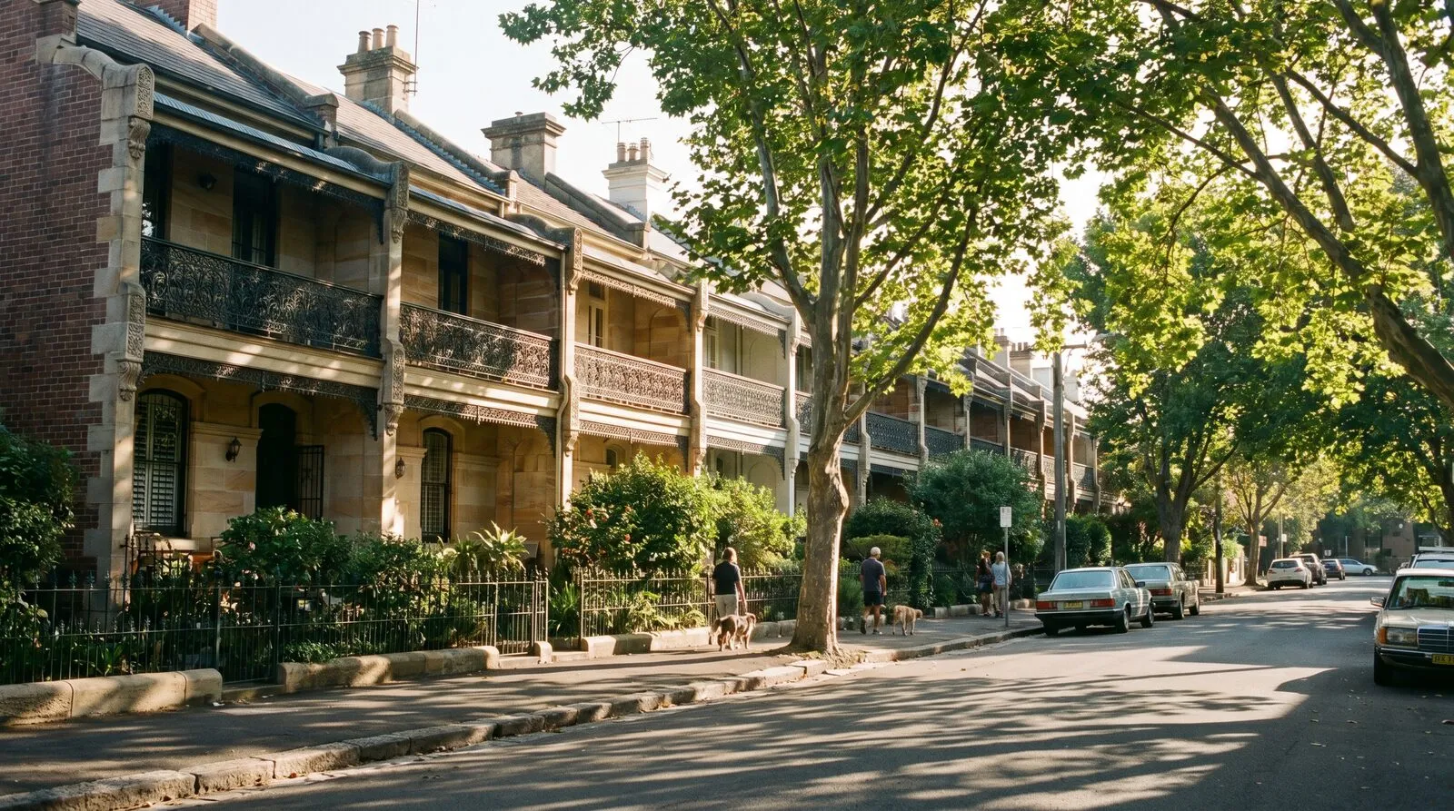 A row of Victorian terrace houses with iron lace balconies and small front gardens on a leafy Woollahra street
